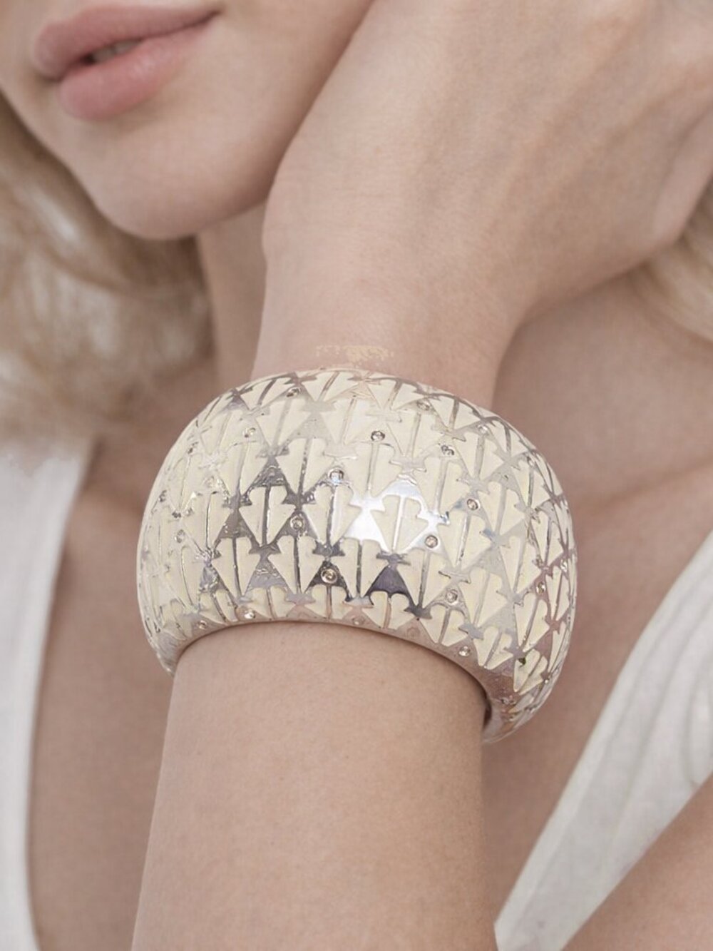 Vintage Silver Tone Beige Enamel and Crystal Domed Wide Hinged Clamper Bracelet